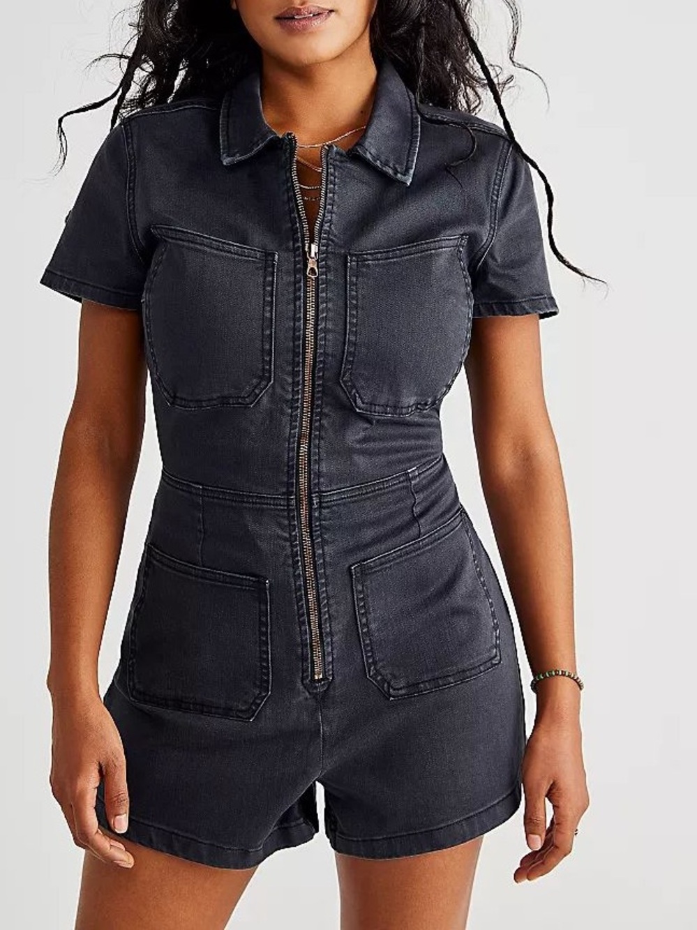 Free People Crvy Lennox Shortsuit Denim Jumpsuit Carbon